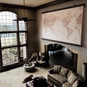 Giant world map painting for largest mansion or lobby, Premium wall art made of canvas, reclaimed timbers and steel