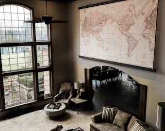Giant world map painting for largest mansion or lobby, Premium wall art made of canvas, reclaimed timbers and steel