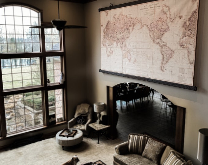 Featured listing image: Giant world map painting for largest mansion or lobby, Premium wall art made of canvas, reclaimed timbers and steel
