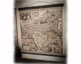 Rare old map of America in 1562, Shows canibbals, Sea creatures, Pirate ships, Handcarved antique oak, Black nails