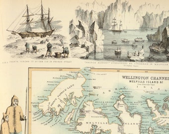 Rare vertical map of Arctic regions, Including local scenes, wildlife, and depictions of local people, Showing the North-West Passage