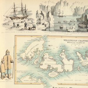 Rara mappa verticale delle regioni artiche, che include scene locali, fauna selvatica e raffigurazioni della popolazione locale, che mostra il passaggio a nord-ovest