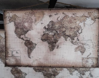 Valentines gift, little world pull down map, Ancient scroll on cotton canvas, jute rope, nice gift for anyone special
