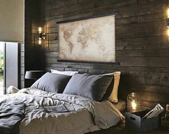 Newest German world map 2024, Modern world in German language, Ancient chestnut, Old ship wood, Iron hangers, Cool massive frame