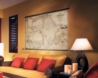Mama Africa, Very large ancient map of Africa, Vintage canvas wall decor, Ancient wood, Cast bronze spears