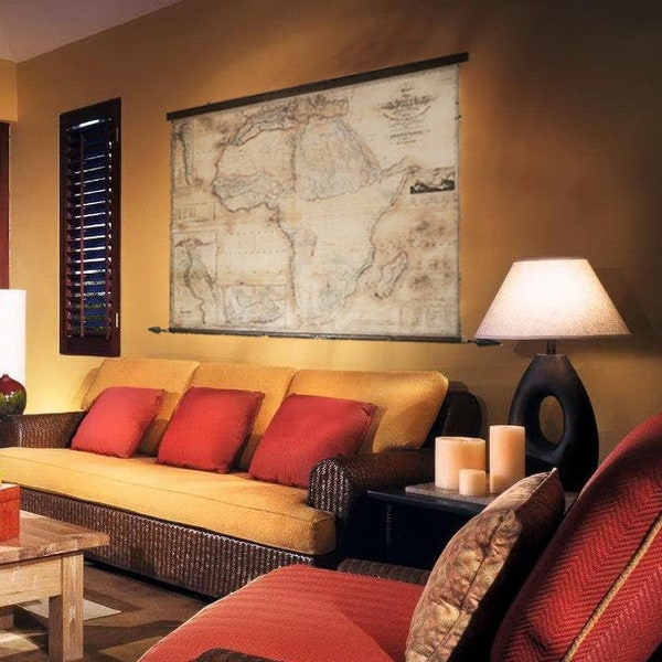 Very large ancient map of Africa, Vintage canvas wall decor, Ancient wood, Cast bronze spears