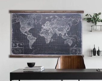 Big black world of today, XL map size 57''x36'', home office furniture.