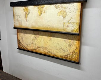 Double or tripple maps roller systems & antique wood, white erase board  or TV cover, homeschooling idea