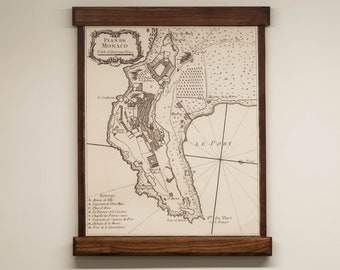 Old chart of Monaco port with nice vintage valnut trims and satin edges. Powerful wall decor for your space.