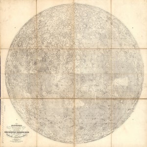 Erste Ausgabe der Mondkarte, zeigt den Mond im Jahr 1834, Beer & Madler-Karte des Mondes, genaue Details, originale Rillen und Falten, Astronomer Dekor