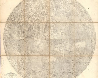 First edition of lunar map, showing moon in 1834, Beer & Madler map of moon, accurate details, original creases and folds, Astronomer decor