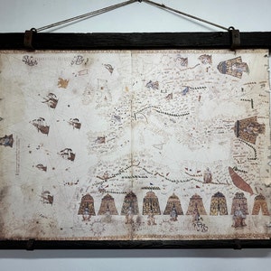 Carta portulana del Mediterráneo sobre lienzo, súper detalles con pesado marco medieval.