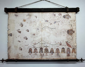 Portolan Chart of the Mediterranean on canvas, super details with heavy medieval frame