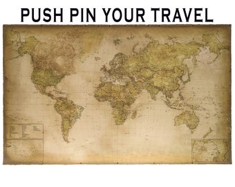 Antique world map with Gulf of Mexico or Gulf of America, Modern old looking map, Premium push pin school map