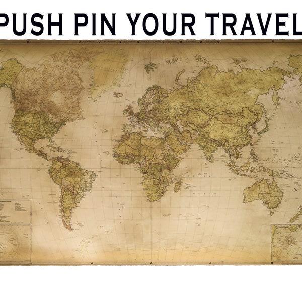 Moderne wereldkaart met landen - antiek uitziende, daadwerkelijk leesbare plaatsen, wereldkaart met punaise, nauwkeurige en gedetailleerde reiskaart
