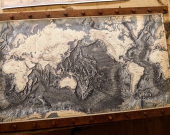 Map  and frame made of an old ship hull, Ocean floor map for wife or husband, Pacific in the middle, Seafarer gift