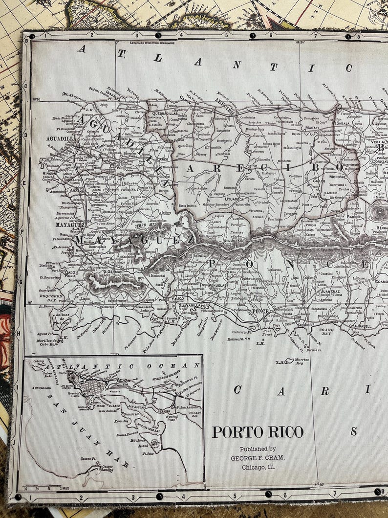 Hanging Map Showing Porto Rico, Vintage Style. - Etsy
