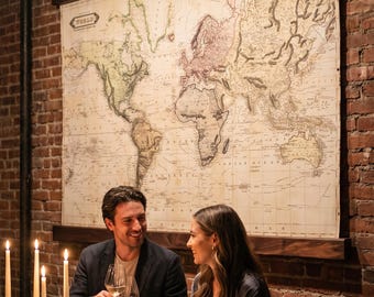 Vintage World Map Wall Art: Mid-Century Modern Walnut Frame