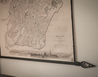 Vintage map of Moscow on canvas, Black wooden frame with Original soviet flag pole finials, Reused wood from an old Dacha house build 1890