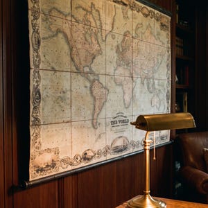 Large Victorian antique world map canvas, vintage world map wall art for office, library, study, and living room. Old-world map with ornate borders, classic scroll hanging design, historical cartography, and elegant antique décor for traditional and rustic interiors.