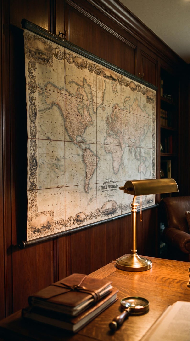 Large Victorian antique world map canvas, vintage world map wall art for office, library, study, and living room. Old-world map with ornate borders, classic scroll hanging design, historical cartography, and elegant antique décor for traditional and rustic interiors.