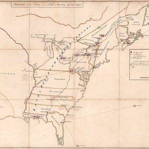 May include: A vintage map of North America from 1766 showing the cantonment of the forces. The map is hand-drawn and features red lines outlining the boundaries of the land reserved for Native Americans. The map also includes the names of various states and provinces.