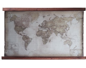 Mahogany World Map with Oak Leaf Carving - Large Wall Art