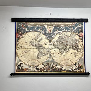 Magnífico hemisferio del mundo, Mundo 1664, Lienzo de algodón, 41'' x 34'', 110 x 87 cm, Marco de madera antiguo, Remates de madera, Regalo de empresa