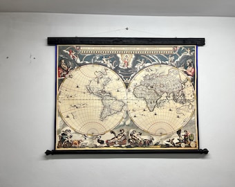 Magnificent Hemisphere world, World 1664, Cotton canvas, 41'' x 34'', 110 x 87cm, Antique wooden frame, Wooden finials, Business gift
