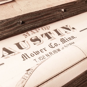 Map showing Austin in 1874, cotton canvas material, antique hand carved wood and black decorative nails