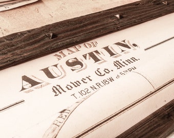 Map showing Austin in 1874, cotton canvas material, antique hand carved wood and black decorative nails