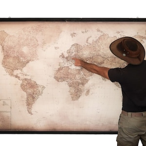 Top decor vrijgezellenfeest 2025 - canvas wereldkaart met houten rails, Airbnb plat decor, 92''x 57'', opmerkelijke muurkunst voor een bakstenen muur