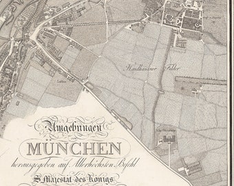 Munich map print, dated 1812 German map, cotton canvas material, Bavaria capital,