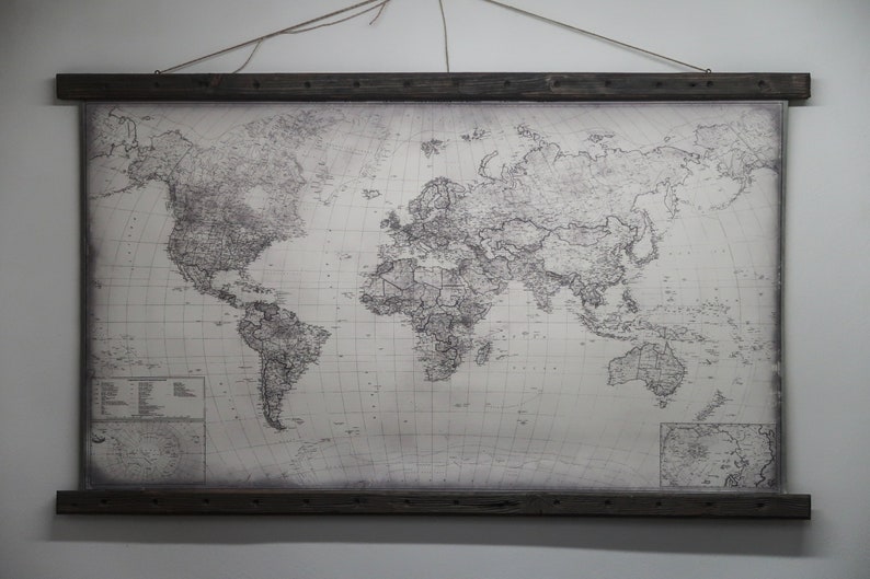 Gray World map 2021. Modern gray wall art on canvas with Etsy