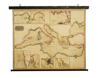 Large Mediterranean sea decor, canvas map with pull down frame, Beautiful wall art for marine office