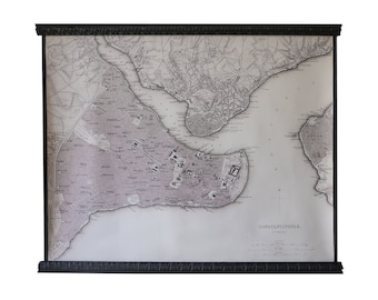 Classy Istanbul map, showing Stambool in 1840, 93x77 cm, 36'' x 30'', Handcarved antique Victorian wood, Black satin edges, Constantinople