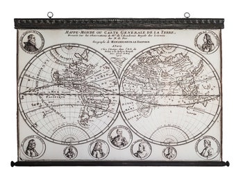 Hemisphere map 1717, Canvas chart, Delicate wall art, 123 x 86 cm, 48'' x 33'', Old rolled up scroll, Legendary seafarers