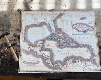 Old map showing Caribbean islands back in 17th century, ready to hang cotton canvas with brass nails, real pirate stuff