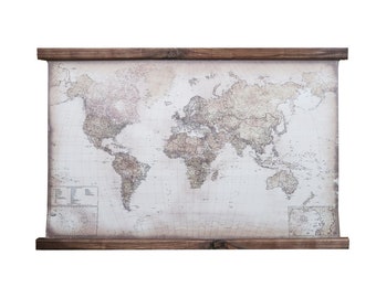 Classy modern world wall art, walnut wood and cotton canvas map 2024, Gift for Valentine's day, Not all those who wander are lost