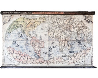 Beautiful large world map in size 71''x41'', Wall decor for home Here be monsters, Old explorers ships