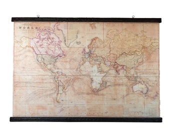 Rare world map 1800 in pull down style, Pink orange tones,  Cooper nails