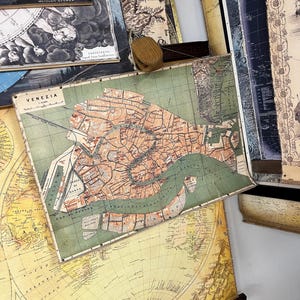 Perfektes Geschenk - edle Karte von Venezia 1866, Vintage Karte aus Baumwolle, Feine italienische oder toskanische Wohndekoration