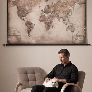 Grande carte du monde sur toile, carte de voyage vintage, rouleau en bois noir, décoration murale pour bureau