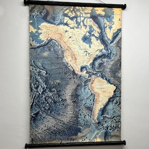 Detailreiche Landkarte von Amerika mit Meeresboden, Süd-, Mittel- und Nordamerika auf Baumwollleinwand, schönes Geschenk