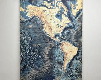 Detailed classic map of Americas including ocean floor, South, Central, North America on cotton canvas, nice gift