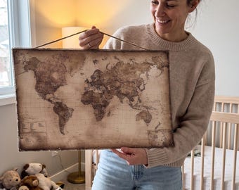 Gift for kids, Antique Style World Map: Cotton Canvas Pull Down Scroll (14'' x 23'')