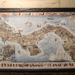 Panama pictorial map, vintage style, 42&#39;&#39; x 28&#39;&#39; , Superb canvas map details, Antique pull down frame,