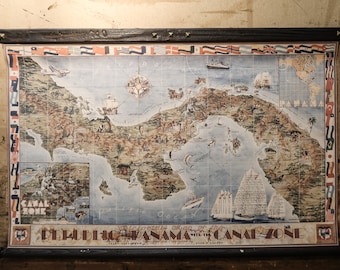 Panama pictorial map, vintage style, 42'' x 28'' , Superb canvas map details, Antique pull down frame,