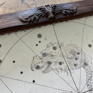 Gift for astrology lover, Constellation Dragon-headed Serpent, 1605.  Ancient walnut frame with carved dragon.
