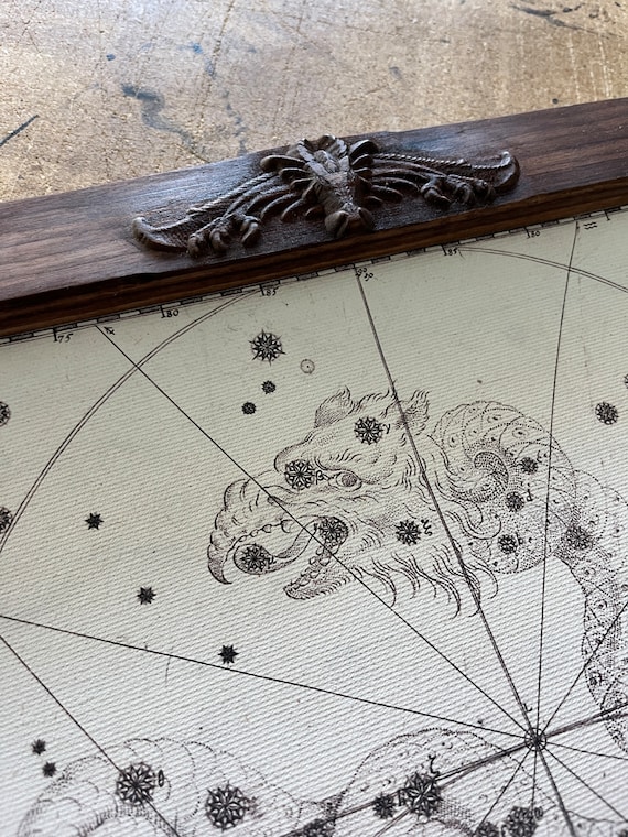 Gift for astrology lover, Constellation Dragon-headed Serpent, 1605.  Ancient walnut frame with carved dragon.